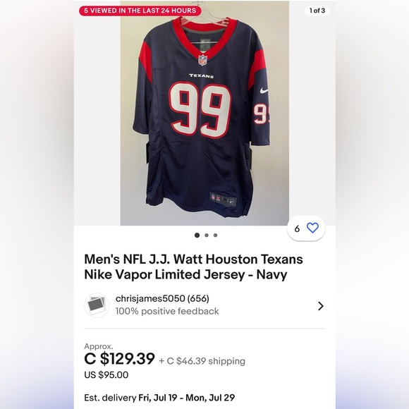 Men's NFL J.J. Watt Houston Texans Nike Vapor Limited Jersey - Navy - Picture 6 of 6